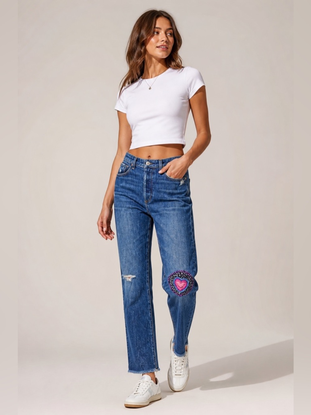 Rag & Bone Women Mid Rise Jean 28” Distressed Raw Hem Embroidered Heart Patch